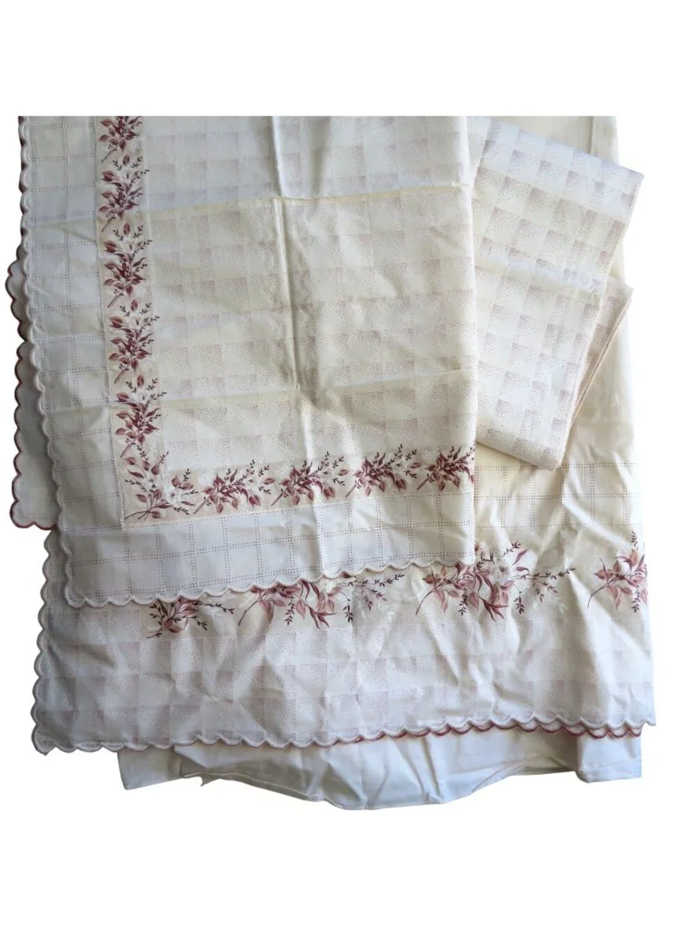 Vintage Floral Full Sheet Set 4-Piece Scalloped Edges Cream & Burgundy Muslin